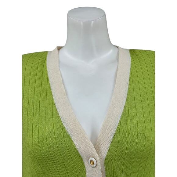 St John Collection Sweater Women 6 Green Cream Long Cardigan Quiet Luxury Mature - Picture 2 of 8